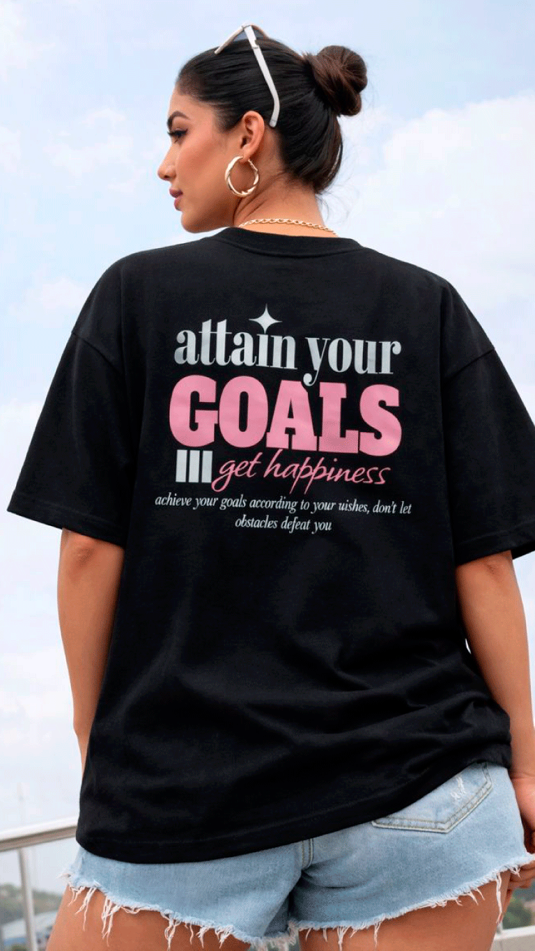 Polera / T-shirt Boxyfit Negra Velth “Attain Your Goals – Get Happiness”