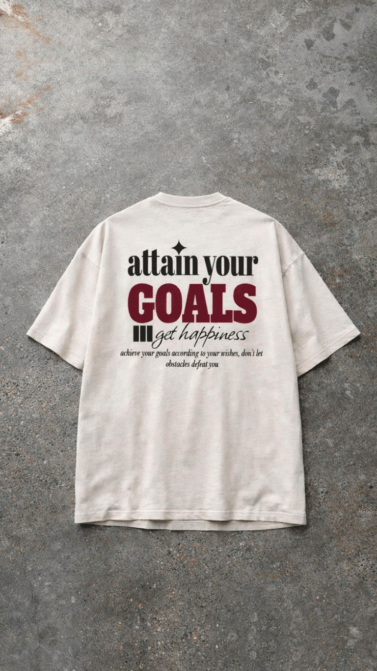 Polera / T-shirt Oversize crema Velth “Attain your Goals – Get Happiness”