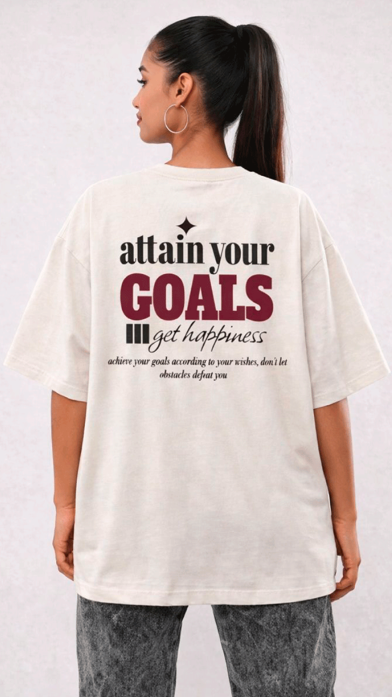Polera / T-shirt Oversize crema Velth “Attain your Goals – Get Happiness”